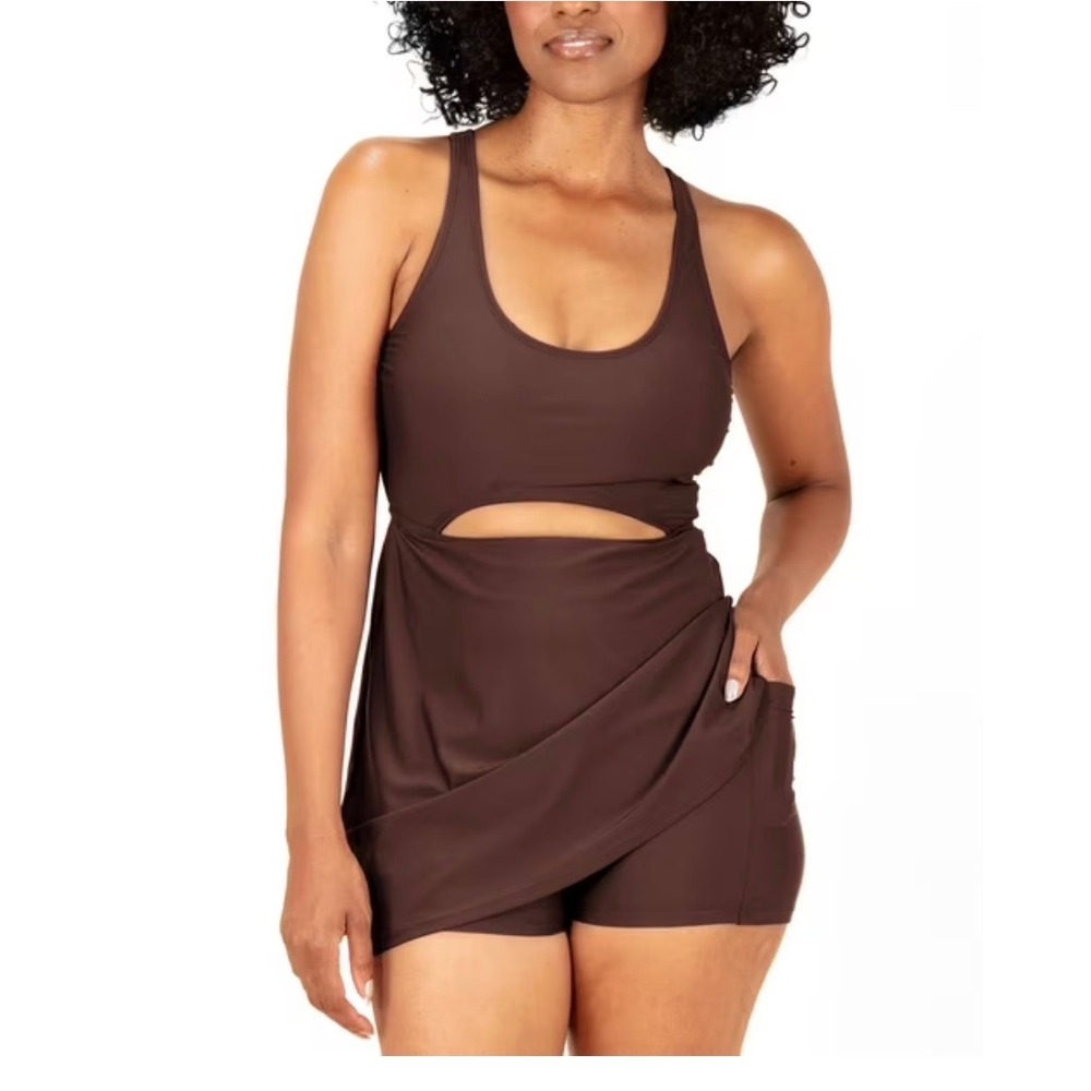 Outdoor Voices Scoop Neck Swim Dress Brown XXL Cut Out Built In Shorts NWT